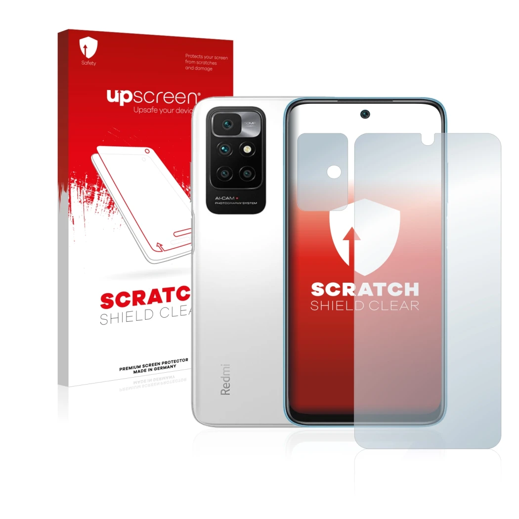 Parte frontale di una confezione del prodotto con il logo del marchio upscreen. Accanto è raffigurato il dispositivo Xiaomi Re