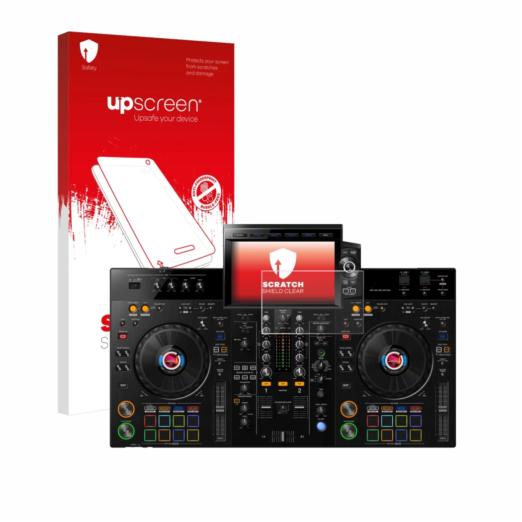 Parte frontale di una confezione del prodotto con il logo del marchio upscreen. Accanto è raffigurato il dispositivo Pioneer X