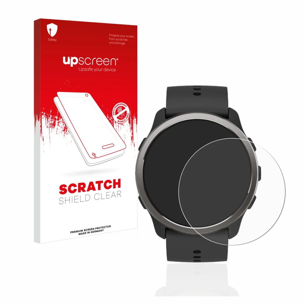 Parte frontale di una confezione del prodotto con il logo del marchio upscreen. Accanto è raffigurato il dispositivo Suunto 5 