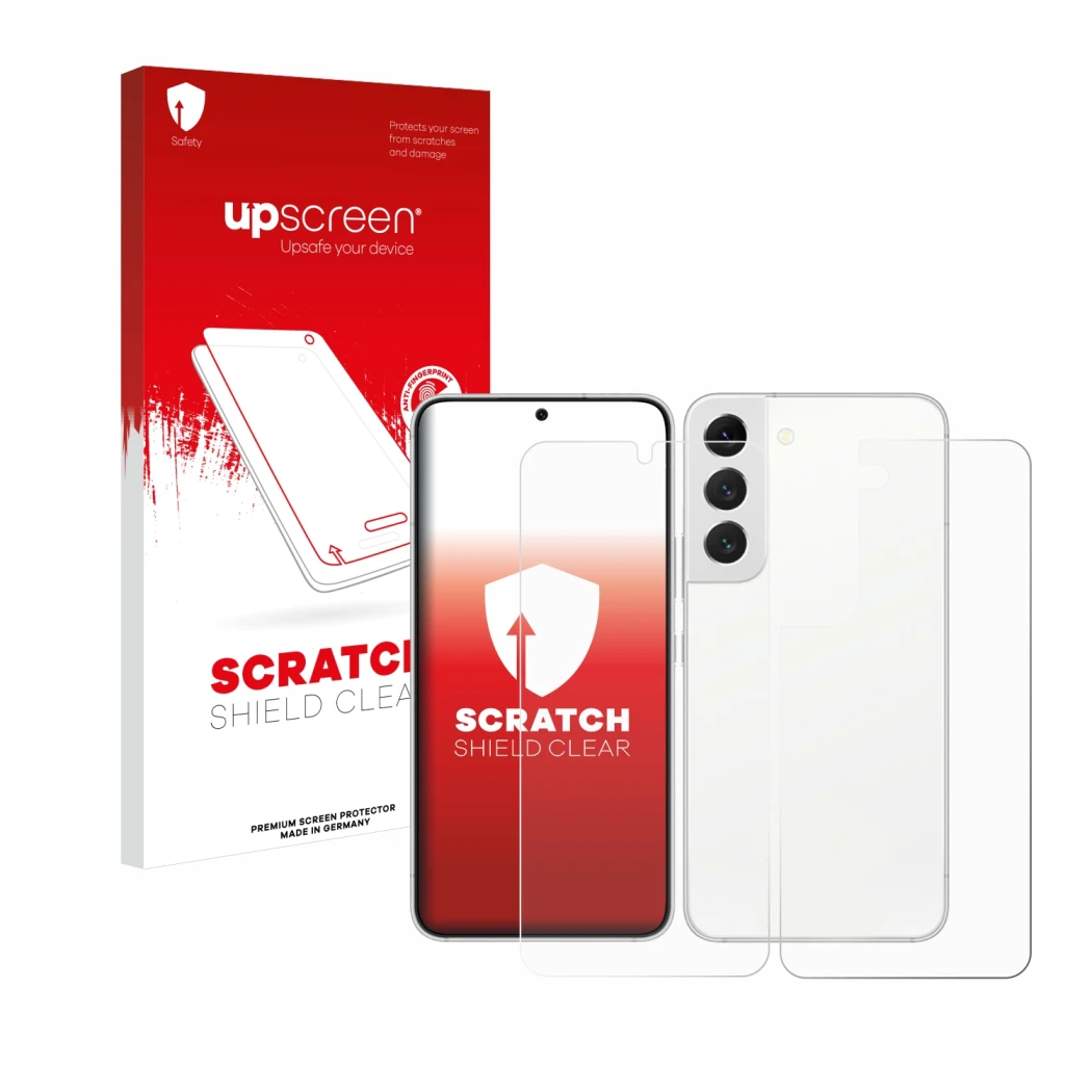Parte frontale di una confezione del prodotto con il logo del marchio upscreen. Accanto è raffigurato il dispositivo Samsung G