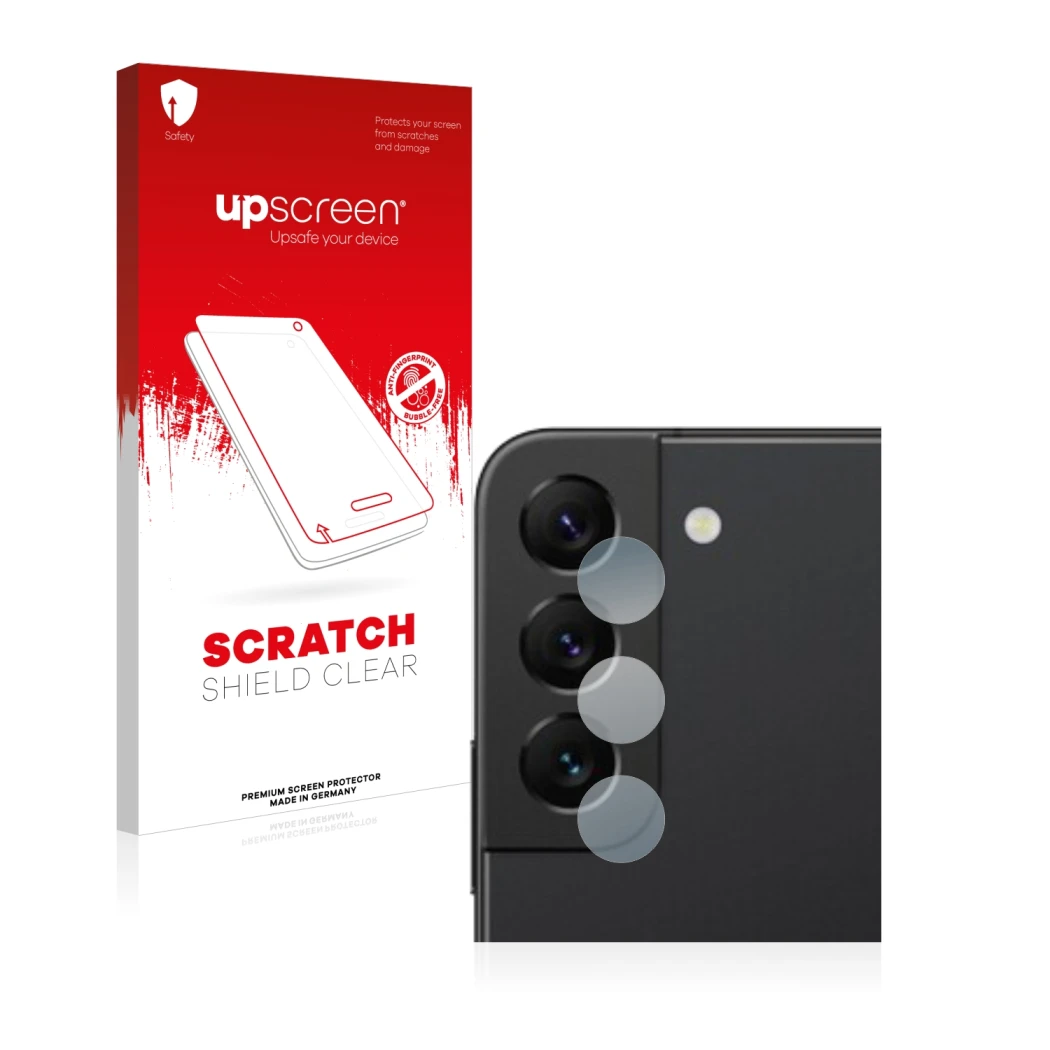 Parte frontale di una confezione del prodotto con il logo del marchio upscreen. Accanto è raffigurato il dispositivo Samsung G