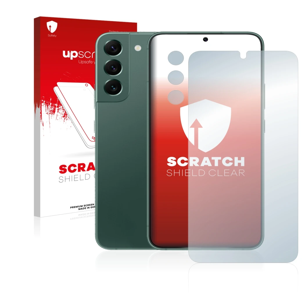 Parte frontale di una confezione del prodotto con il logo del marchio upscreen. Accanto è raffigurato il dispositivo Samsung G