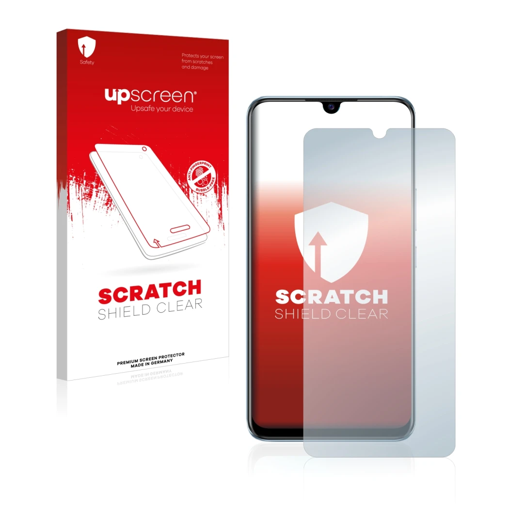 Parte frontale di una confezione del prodotto con il logo del marchio upscreen. Accanto è raffigurato il dispositivo Vivo V20