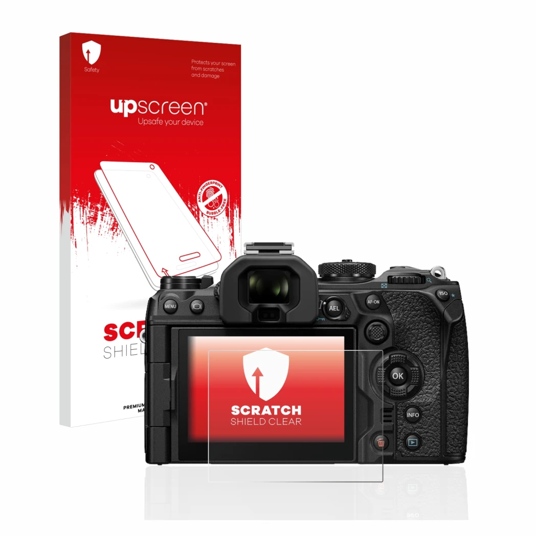 Parte frontale di una confezione del prodotto con il logo del marchio upscreen. Accanto è raffigurato il dispositivo Olympus O