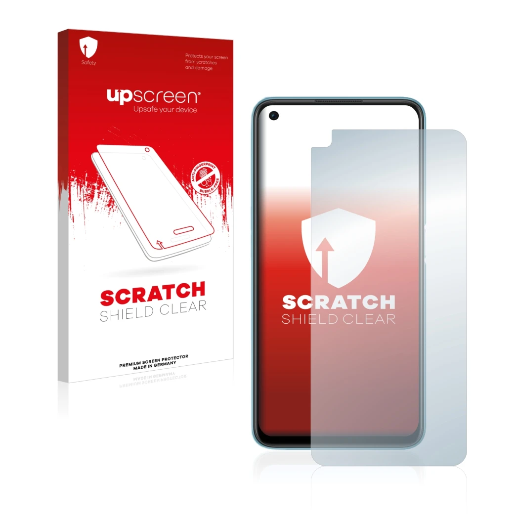 Parte frontale di una confezione del prodotto con il logo del marchio upscreen. Accanto è raffigurato il dispositivo Oppo A76