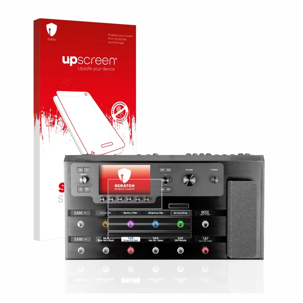 Parte frontale di una confezione del prodotto con il logo del marchio upscreen. Accanto è raffigurato il dispositivo Line 6 He