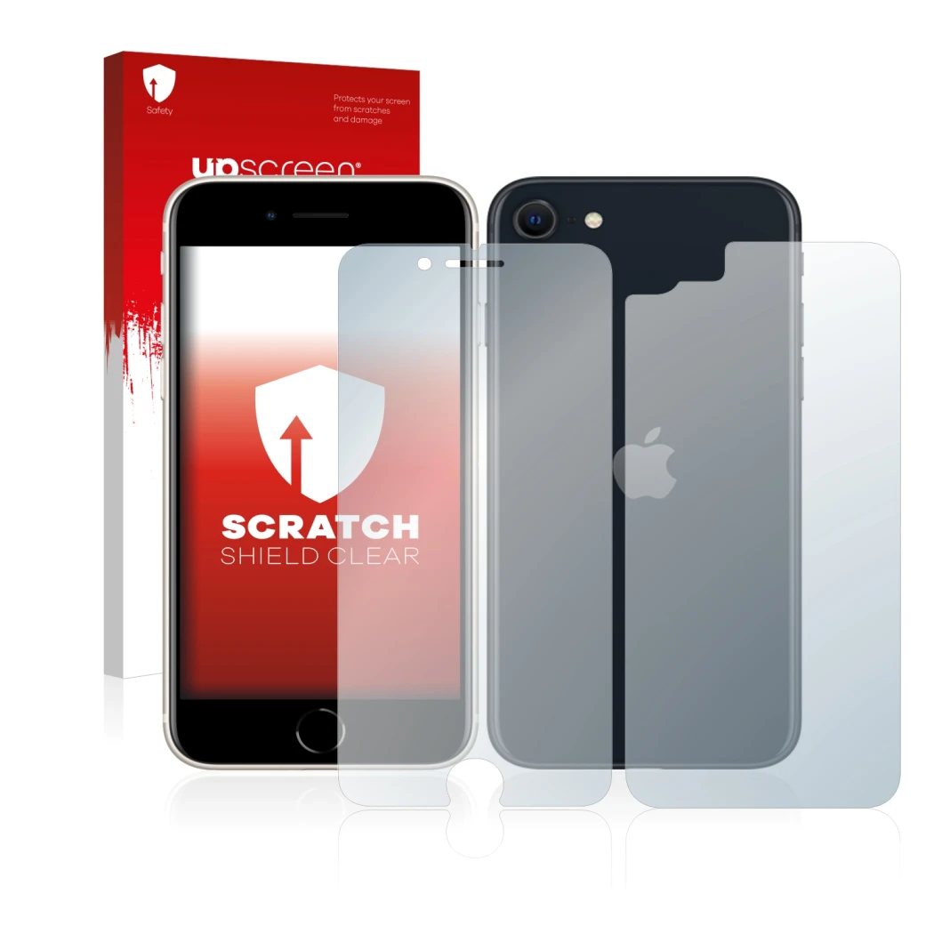 Parte frontale di una confezione del prodotto con il logo del marchio upscreen. Accanto è raffigurato il dispositivo Apple iPh