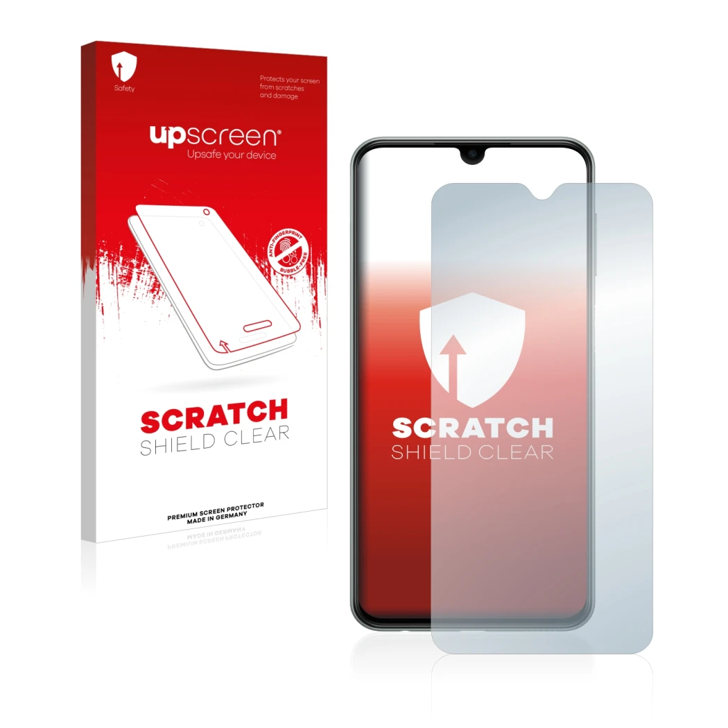 Parte frontale di una confezione del prodotto con il logo del marchio upscreen. Accanto è raffigurato il dispositivo Samsung G