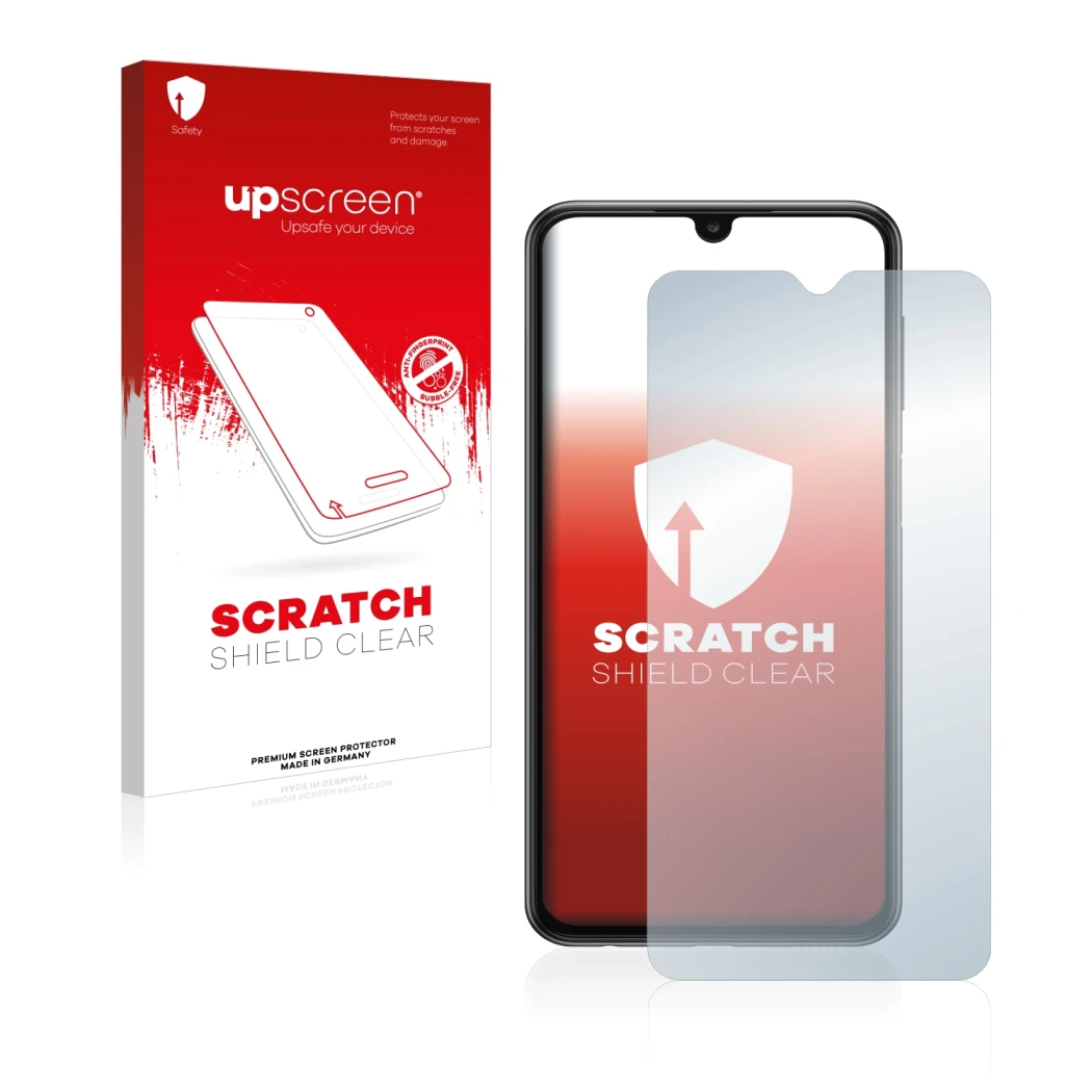 Parte frontale di una confezione del prodotto con il logo del marchio upscreen. Accanto è raffigurato il dispositivo Samsung G
