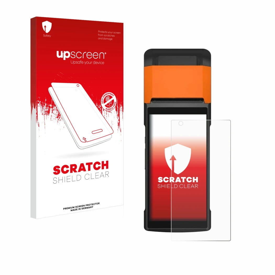 Parte frontale di una confezione del prodotto con il logo del marchio upscreen. Accanto è raffigurato il dispositivo Sunmi V2s