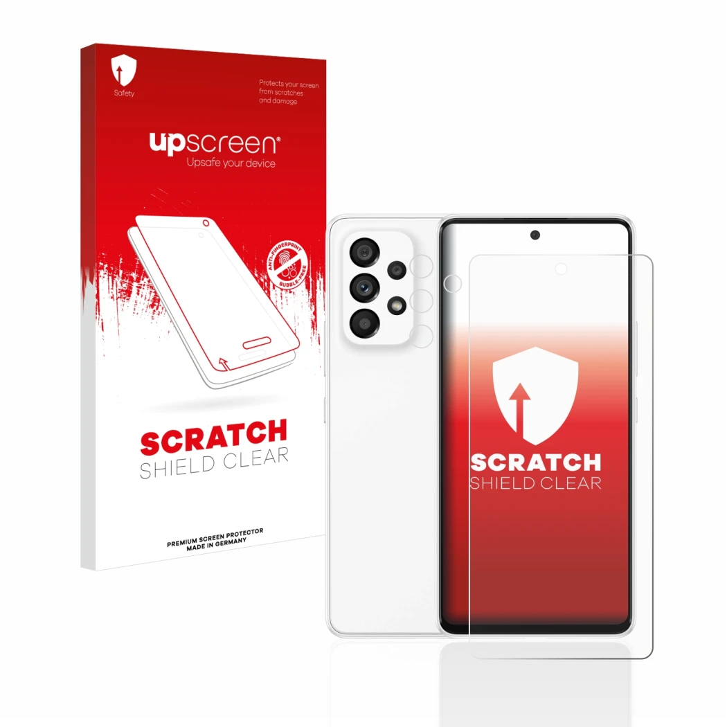 Parte frontale di una confezione del prodotto con il logo del marchio upscreen. Accanto è raffigurato il dispositivo Samsung G