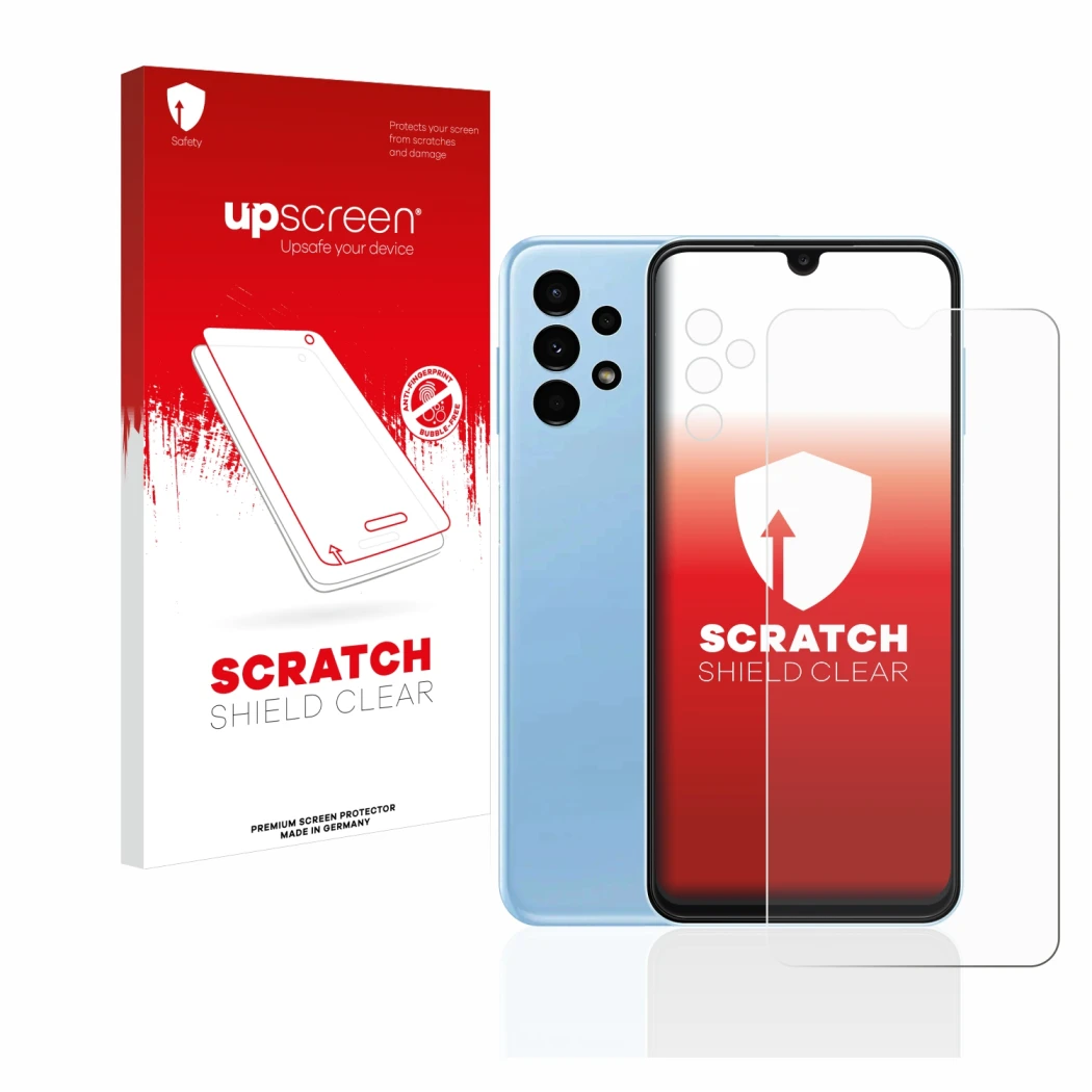 Parte frontale di una confezione del prodotto con il logo del marchio upscreen. Accanto è raffigurato il dispositivo Samsung G