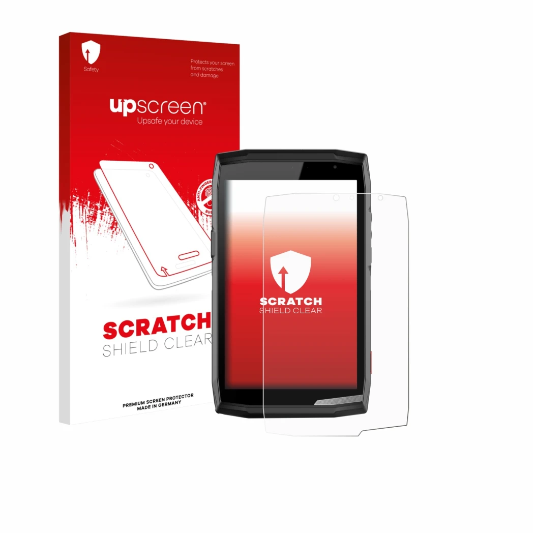Parte frontale di una confezione del prodotto con il logo del marchio upscreen. Accanto è raffigurato il dispositivo Crosscall