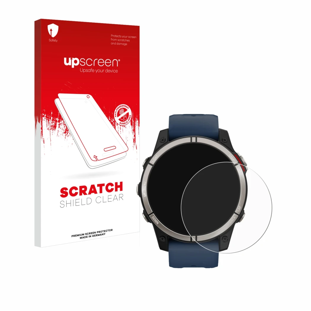 Parte frontale di una confezione del prodotto con il logo del marchio upscreen. Accanto è raffigurato il dispositivo Garmin qu