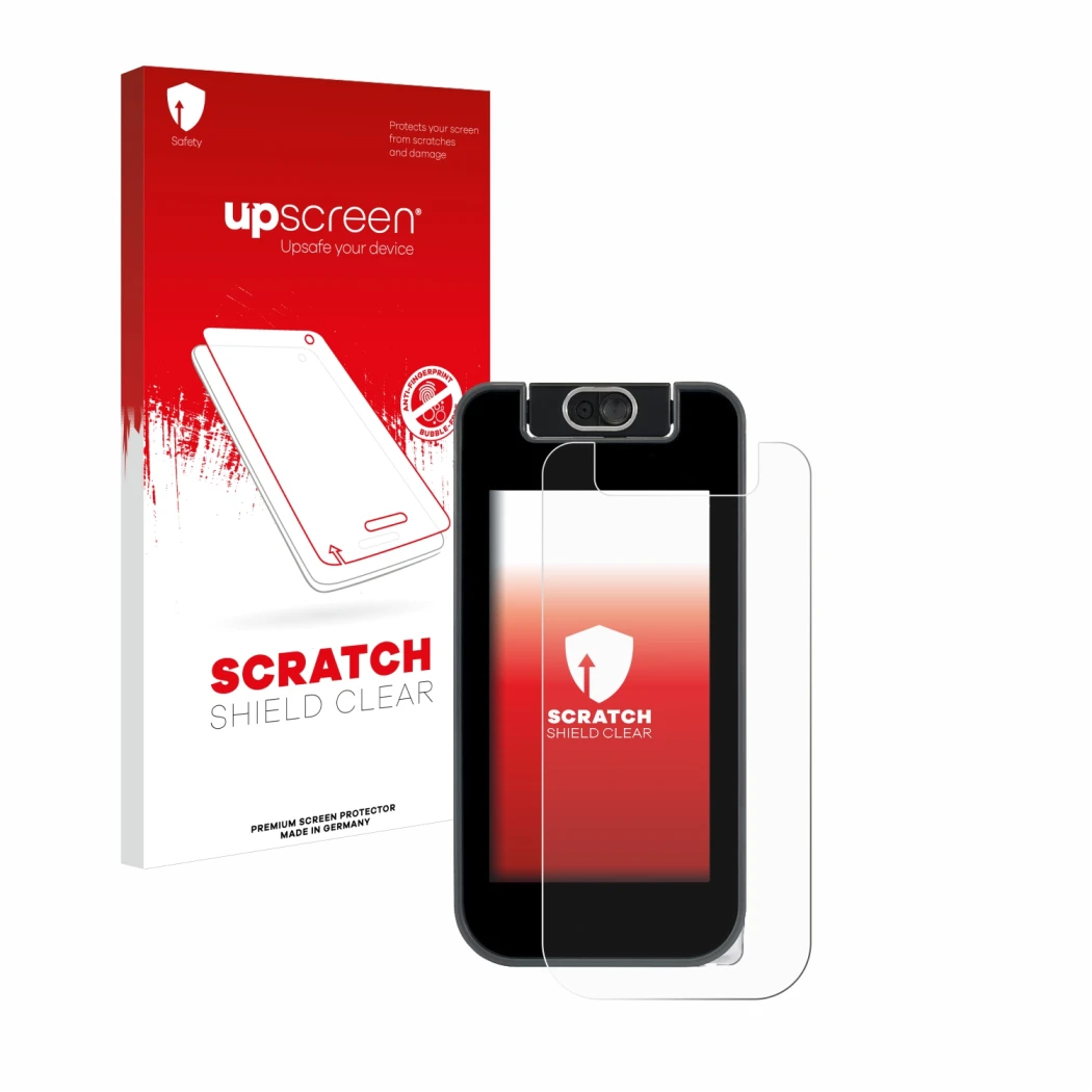 Parte frontale di una confezione del prodotto con il logo del marchio upscreen. Accanto è raffigurato il dispositivo Vtech Kid