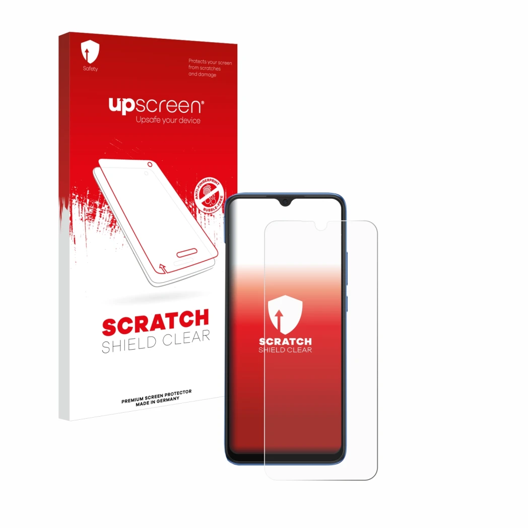 Parte frontale di una confezione del prodotto con il logo del marchio upscreen. Accanto è raffigurato il dispositivo Xiaomi Re