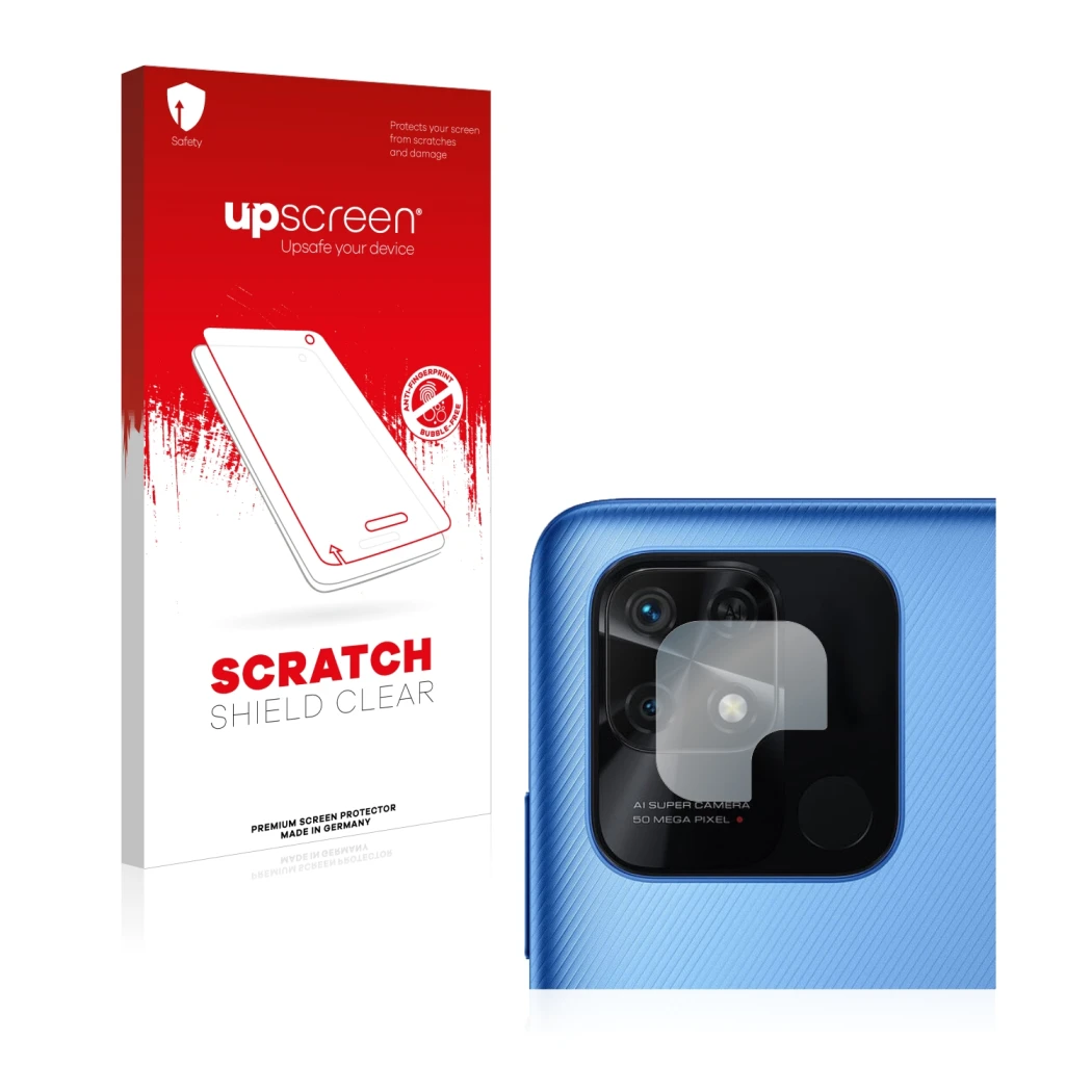 Parte frontale di una confezione del prodotto con il logo del marchio upscreen. Accanto è raffigurato il dispositivo Xiaomi Re