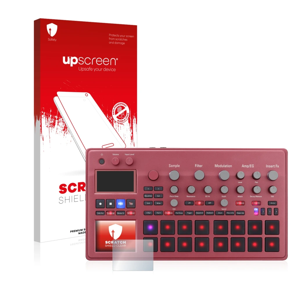 Parte frontale di una confezione del prodotto con il logo del marchio upscreen. Accanto è raffigurato il dispositivo KORG elec