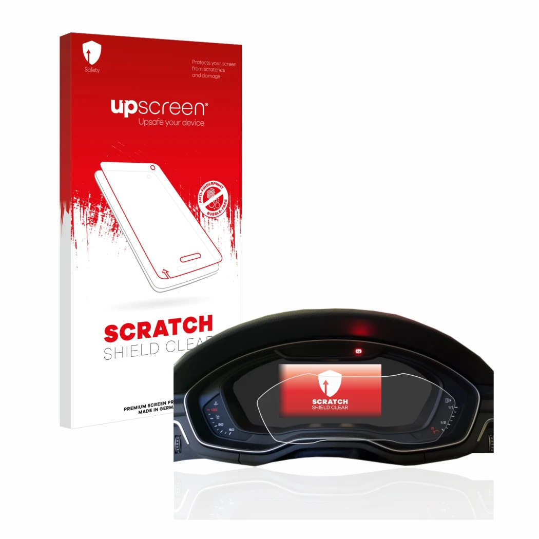 Parte frontale di una confezione del prodotto con il logo del marchio upscreen. Accanto è raffigurato il dispositivo Audi A4 B