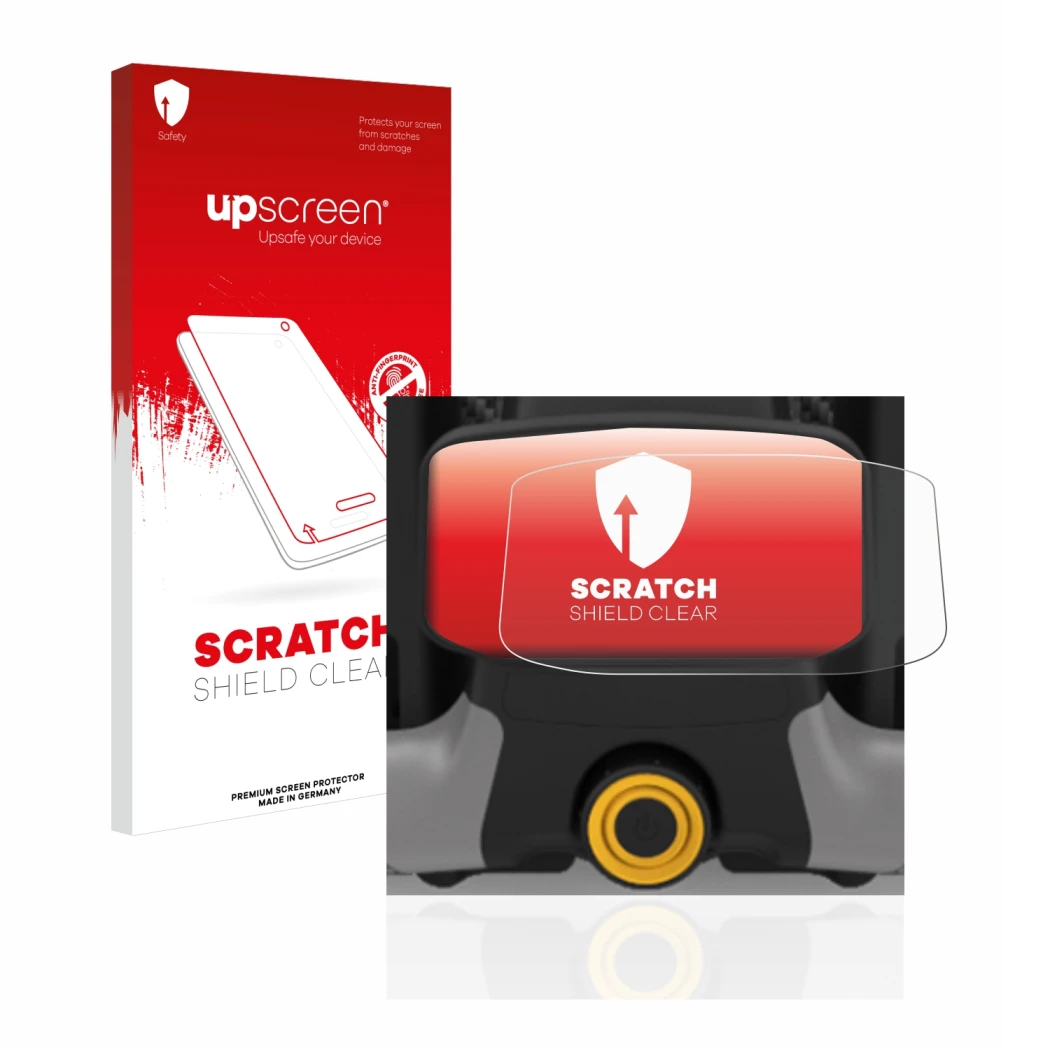 Parte frontale di una confezione del prodotto con il logo del marchio upscreen. Accanto è raffigurato il dispositivo PowaKaddy