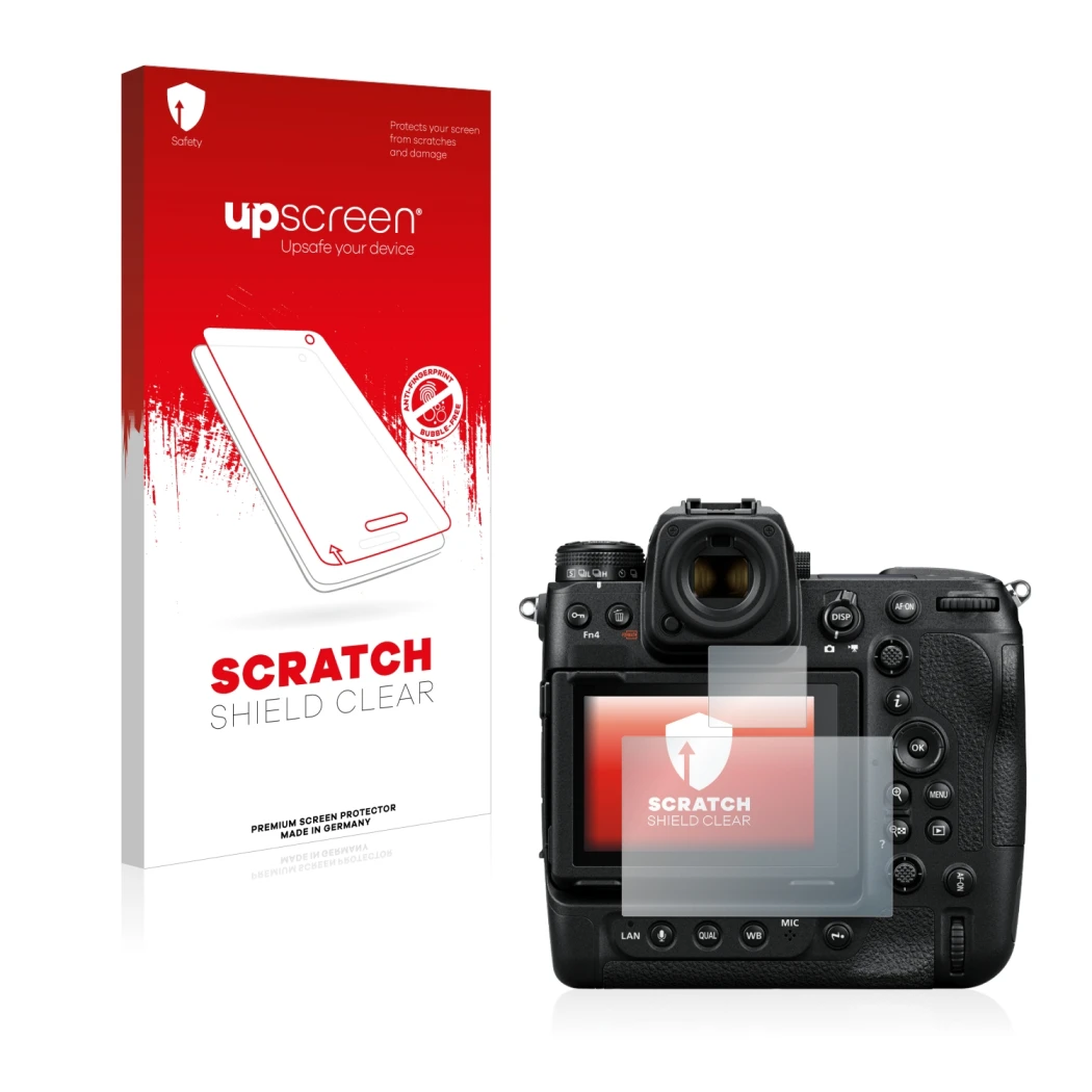 Parte frontale di una confezione del prodotto con il logo del marchio upscreen. Accanto è raffigurato il dispositivo Nikon Z 9