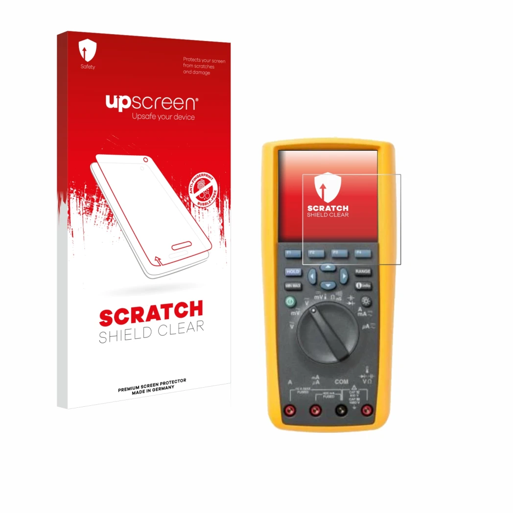 Parte frontale di una confezione del prodotto con il logo del marchio upscreen. Accanto è raffigurato il dispositivo Fluke 287