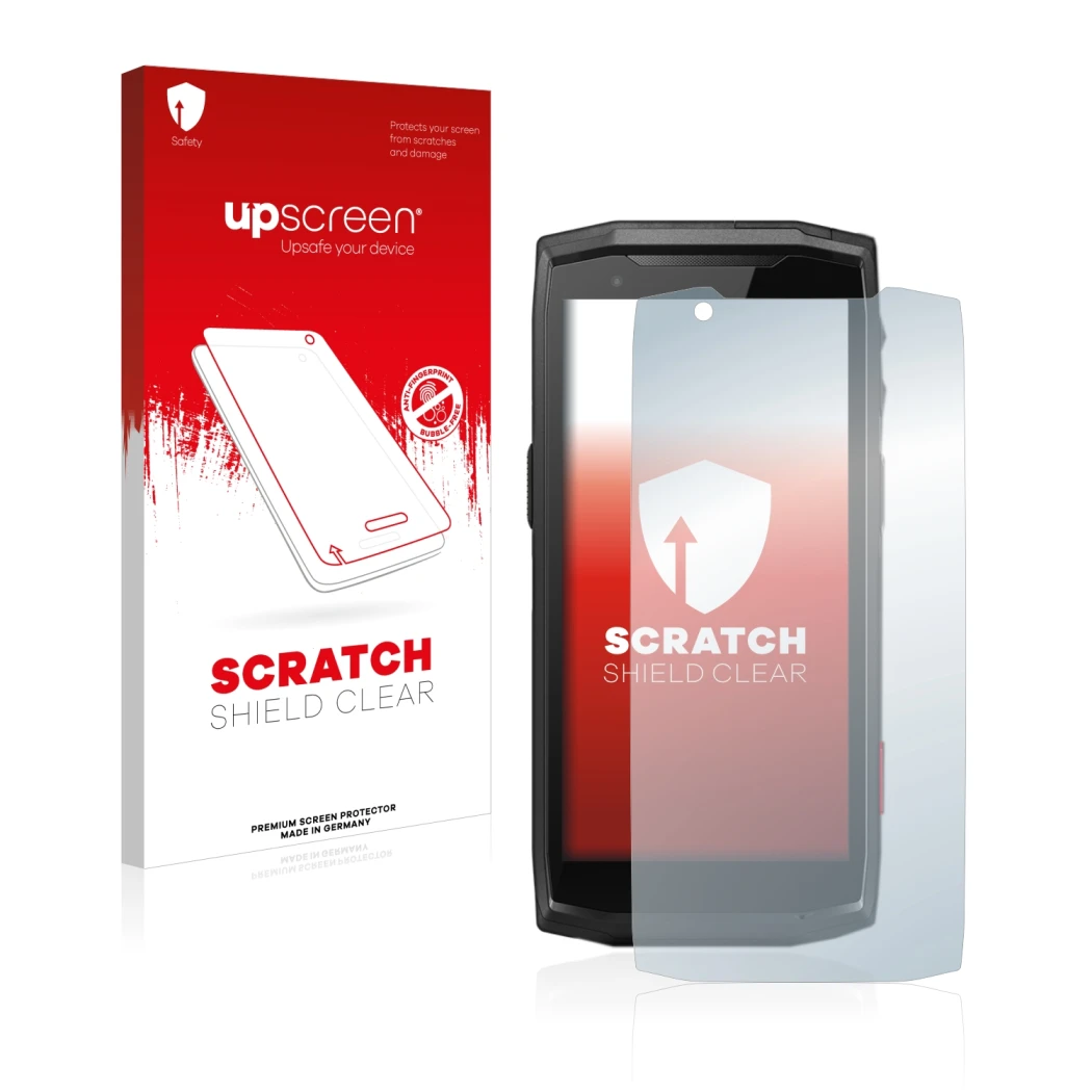 Parte frontale di una confezione del prodotto con il logo del marchio upscreen. Accanto è raffigurato il dispositivo Crosscall