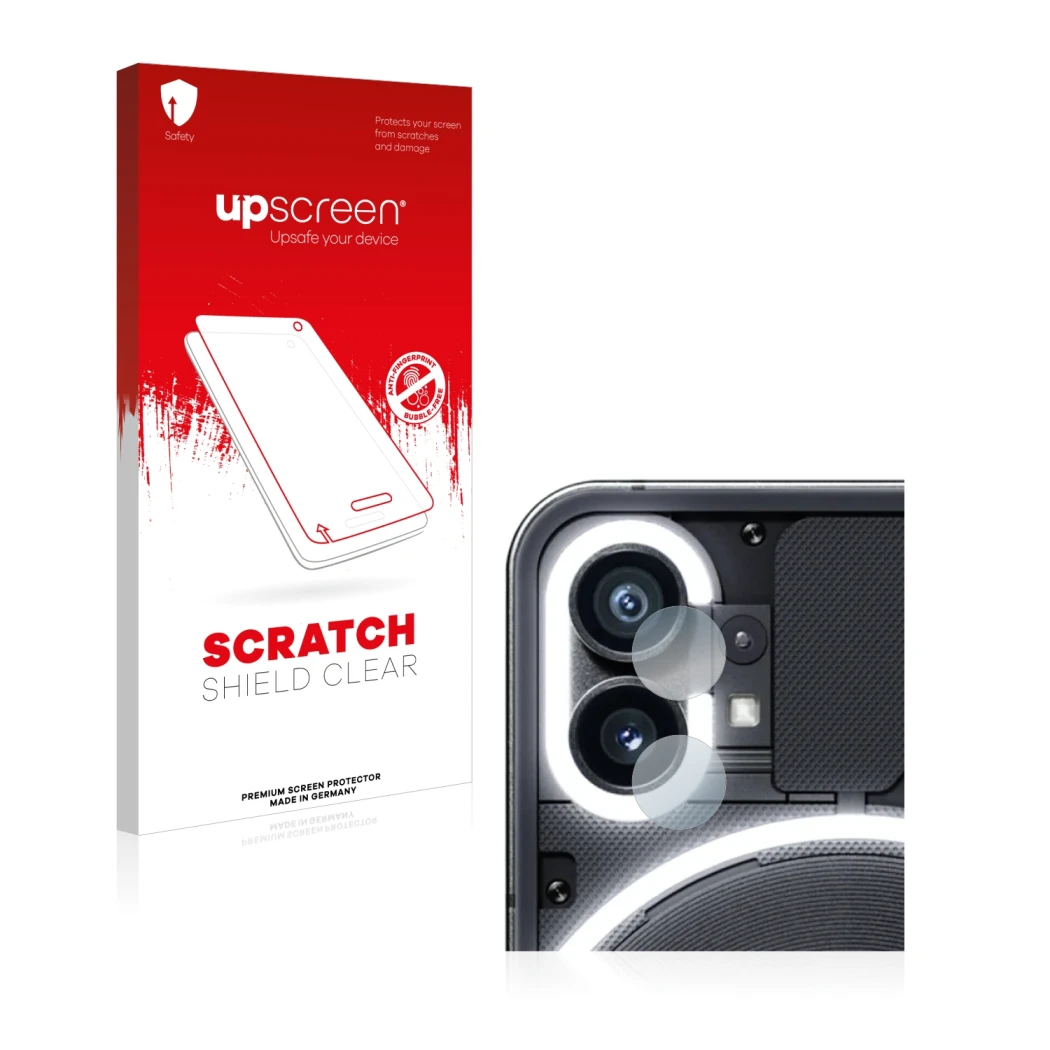 Parte frontale di una confezione del prodotto con il logo del marchio upscreen. Accanto è raffigurato il dispositivo Nothing P