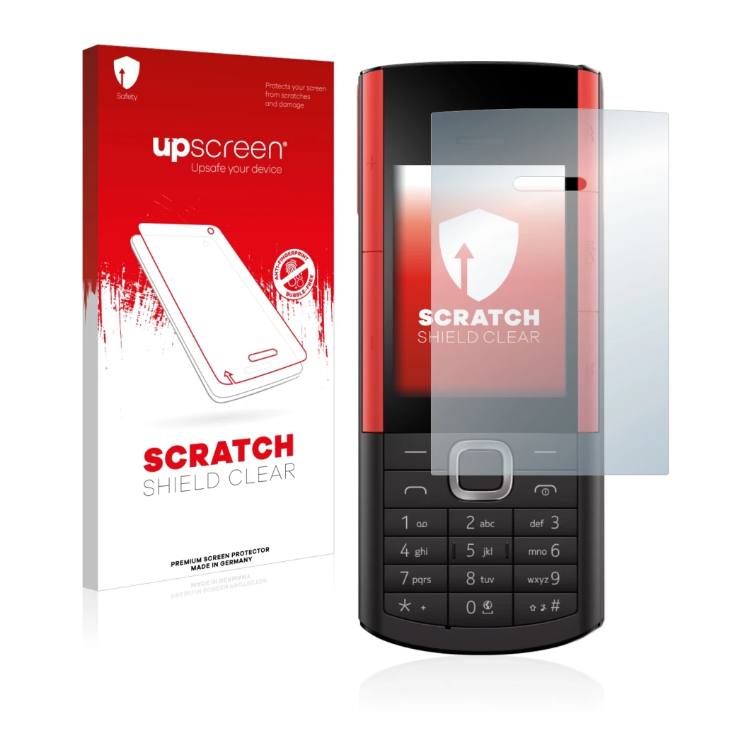 Parte frontale di una confezione del prodotto con il logo del marchio upscreen. Accanto è raffigurato il dispositivo Nokia 571