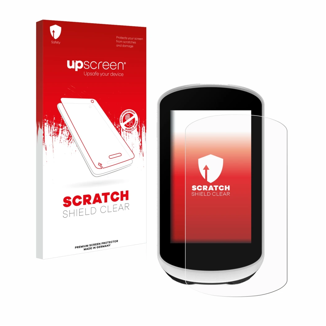 Parte frontale di una confezione del prodotto con il logo del marchio upscreen. Accanto è raffigurato il dispositivo Garmin Ed