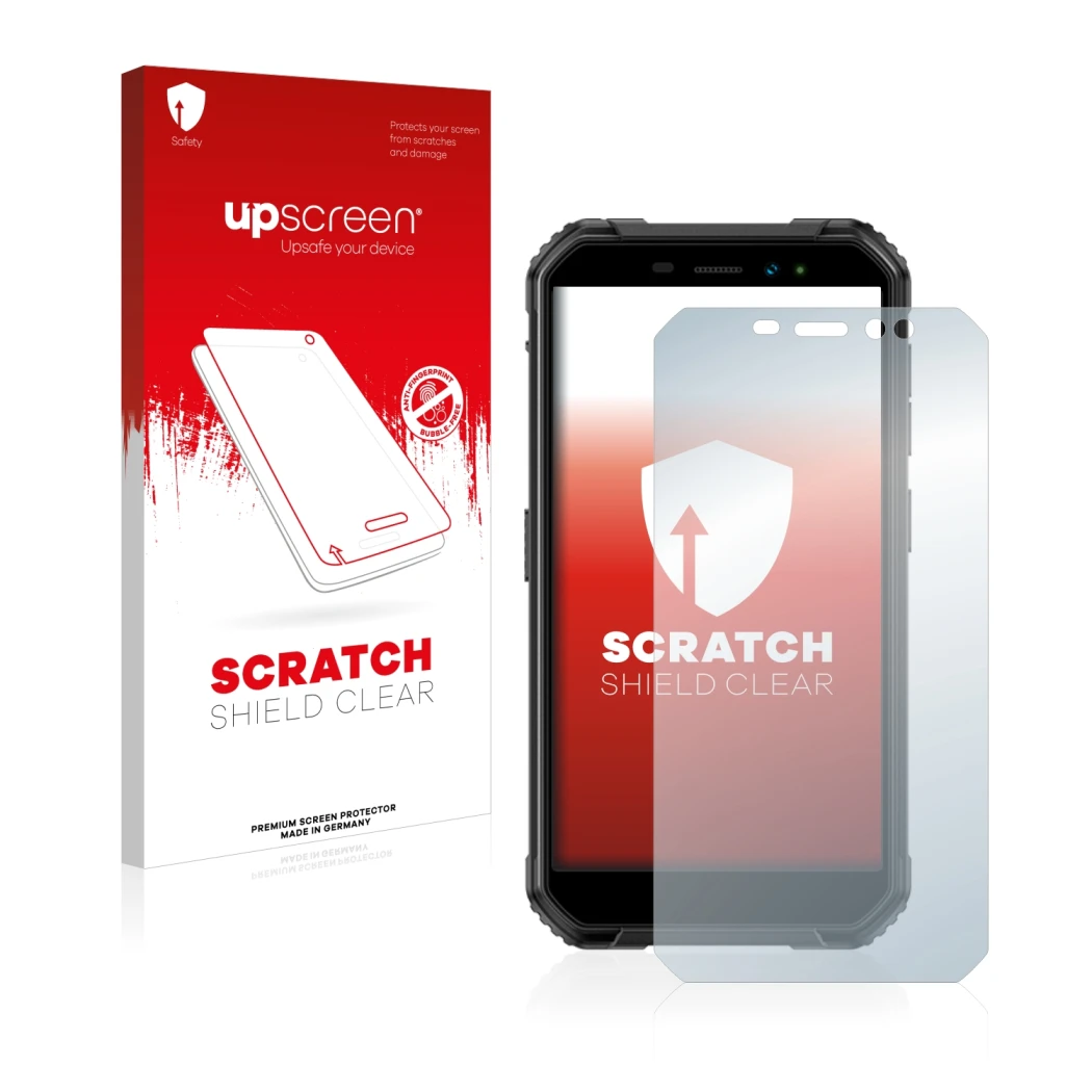 Parte frontale di una confezione del prodotto con il logo del marchio upscreen. Accanto è raffigurato il dispositivo Ulefone A