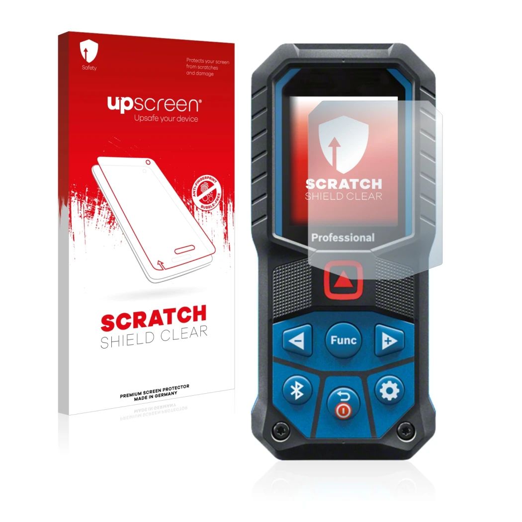 Parte frontale di una confezione del prodotto con il logo del marchio upscreen. Accanto è raffigurato il dispositivo Bosch GLM