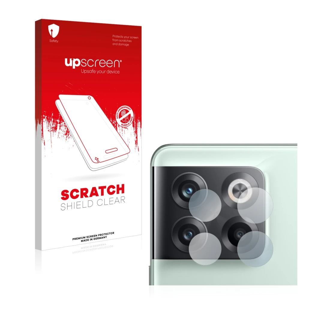 Parte frontale di una confezione del prodotto con il logo del marchio upscreen. Accanto è raffigurato il dispositivo OnePlus 1