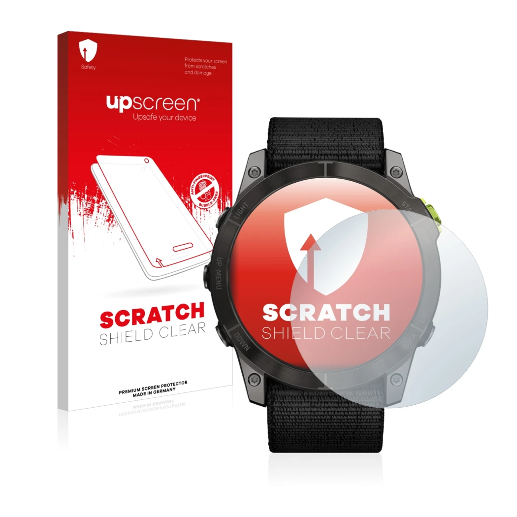 Parte frontale di una confezione del prodotto con il logo del marchio upscreen. Accanto è raffigurato il dispositivo Garmin En