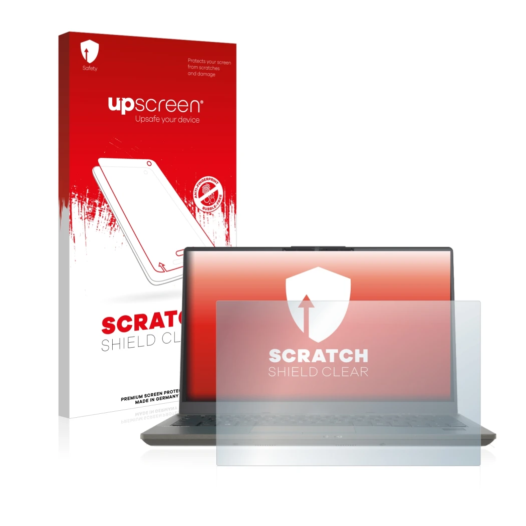 Parte frontale di una confezione del prodotto con il logo del marchio upscreen. Accanto è raffigurato il dispositivo Fujitsu L