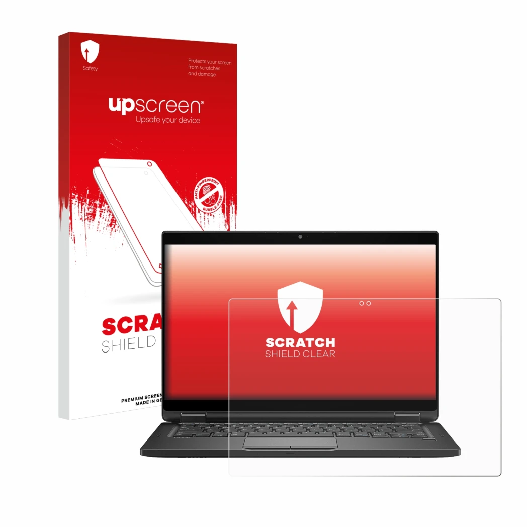 Parte frontale di una confezione del prodotto con il logo del marchio upscreen. Accanto è raffigurato il dispositivo Dell Lati