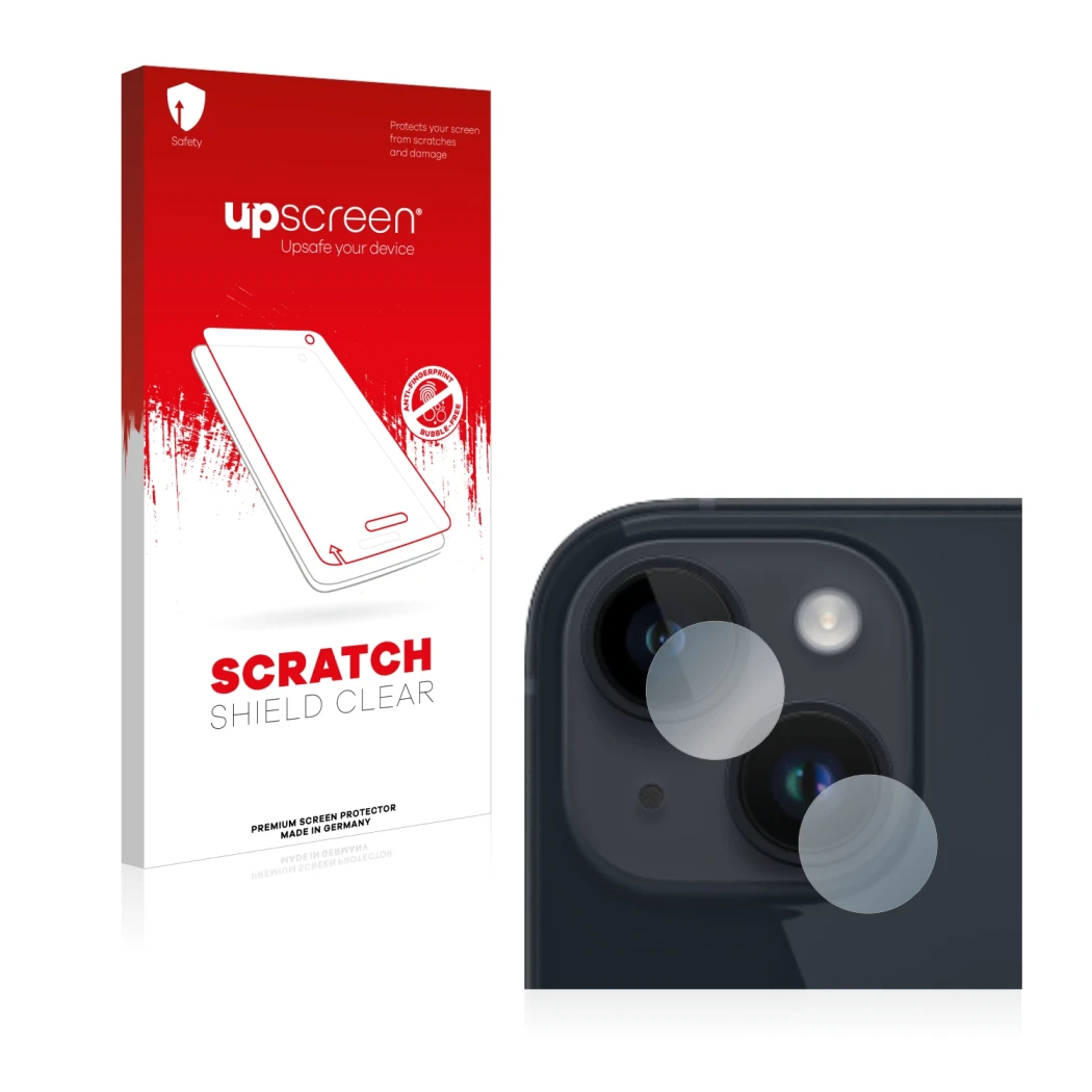 Parte frontale di una confezione del prodotto con il logo del marchio upscreen. Accanto è raffigurato il dispositivo Apple iPh