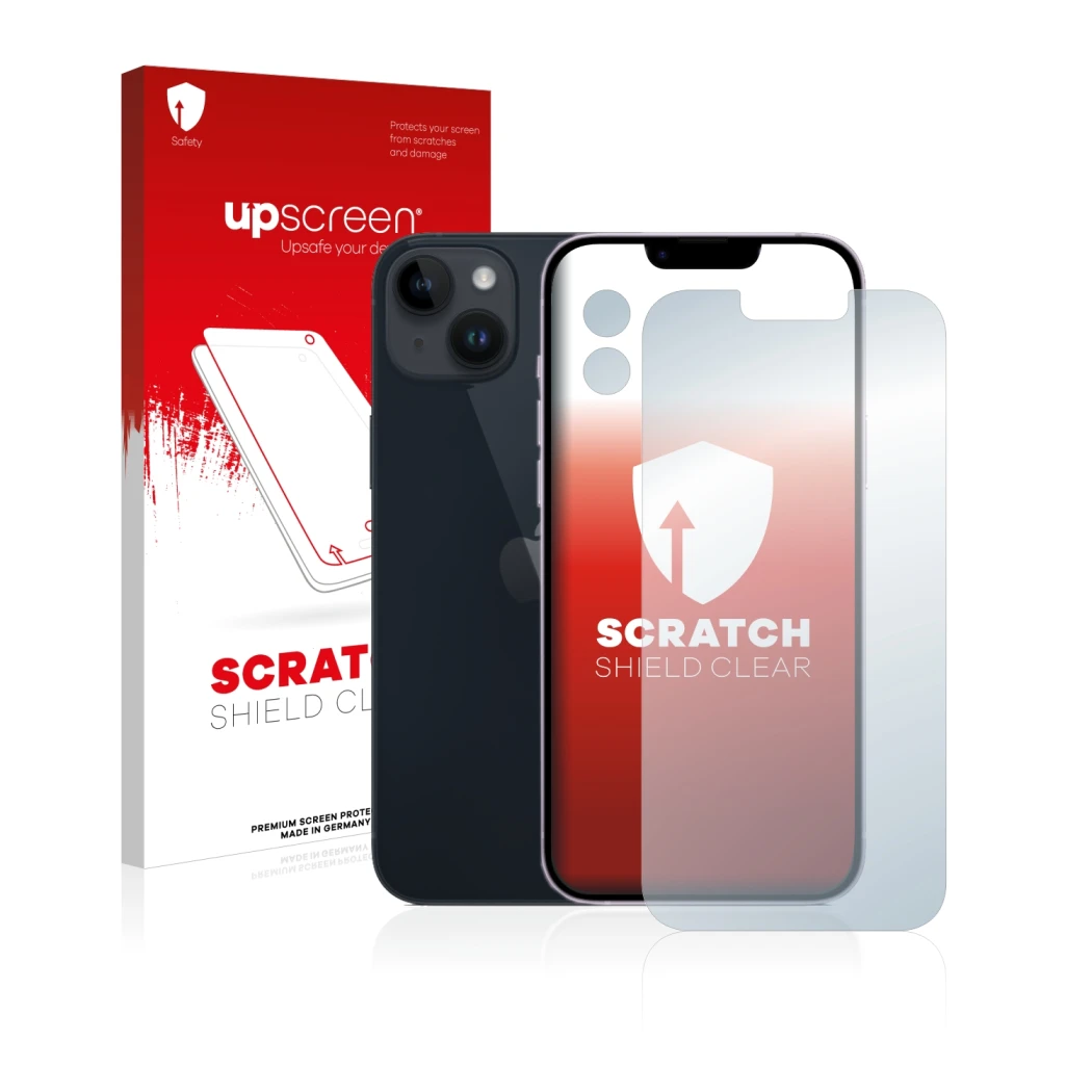 Parte frontale di una confezione del prodotto con il logo del marchio upscreen. Accanto è raffigurato il dispositivo Apple iPh
