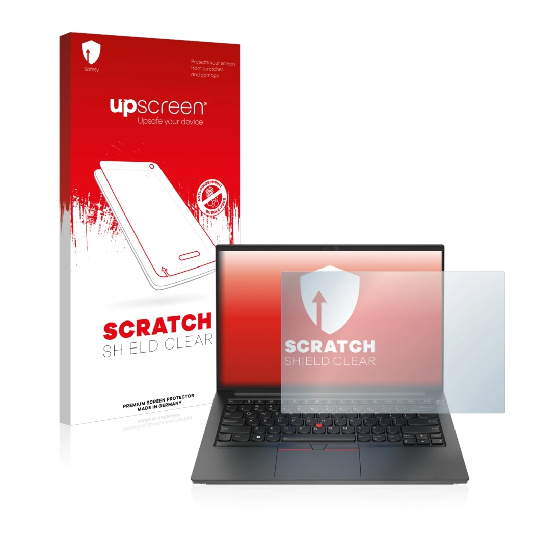 Parte frontale di una confezione del prodotto con il logo del marchio upscreen. Accanto è raffigurato il dispositivo Lenovo Th