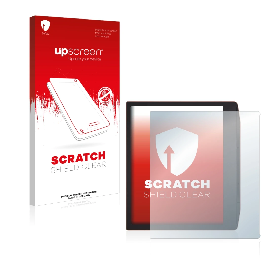 Parte frontale di una confezione del prodotto con il logo del marchio upscreen. Accanto è raffigurato il dispositivo PocketBoo