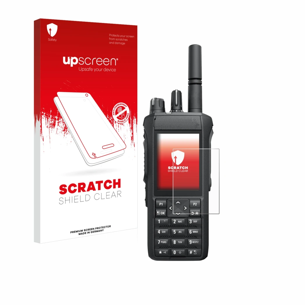 Parte frontale di una confezione del prodotto con il logo del marchio upscreen. Accanto è raffigurato il dispositivo Motorola