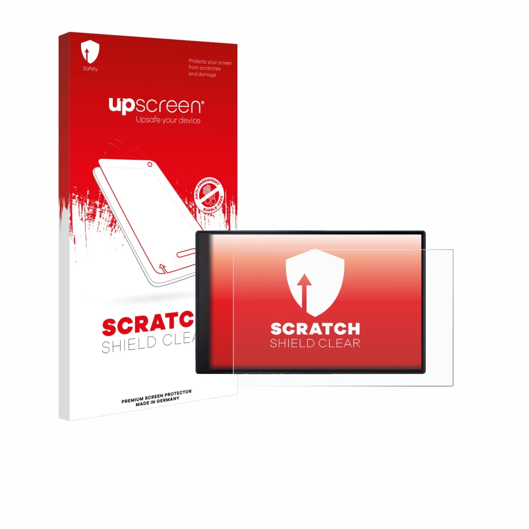 Parte frontale di una confezione del prodotto con il logo del marchio upscreen. Accanto è raffigurato il dispositivo Garmin Dr