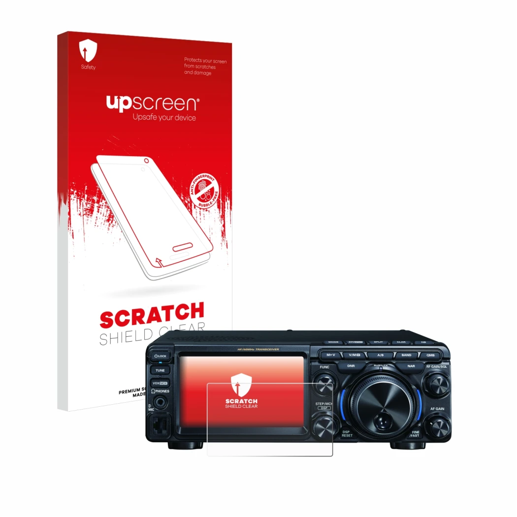 Parte frontale di una confezione del prodotto con il logo del marchio upscreen. Accanto è raffigurato il dispositivo Yaesu FT-