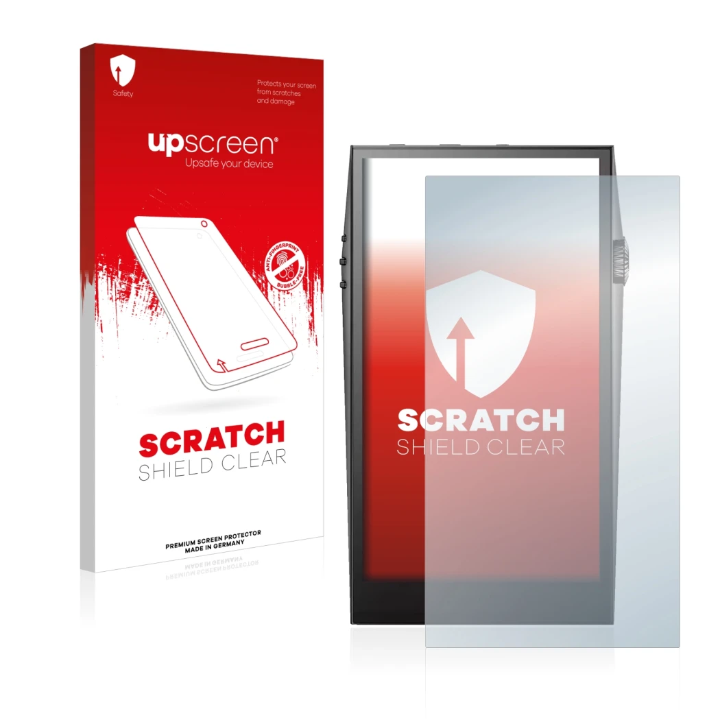 Parte frontale di una confezione del prodotto con il logo del marchio upscreen. Accanto è raffigurato il dispositivo Astell&Ke