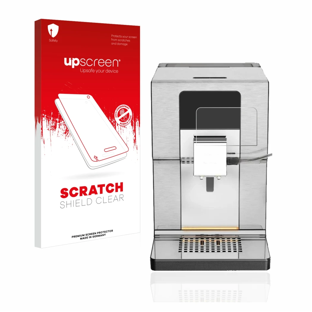 Parte frontale di una confezione del prodotto con il logo del marchio upscreen. Accanto è raffigurato il dispositivo Krups Int