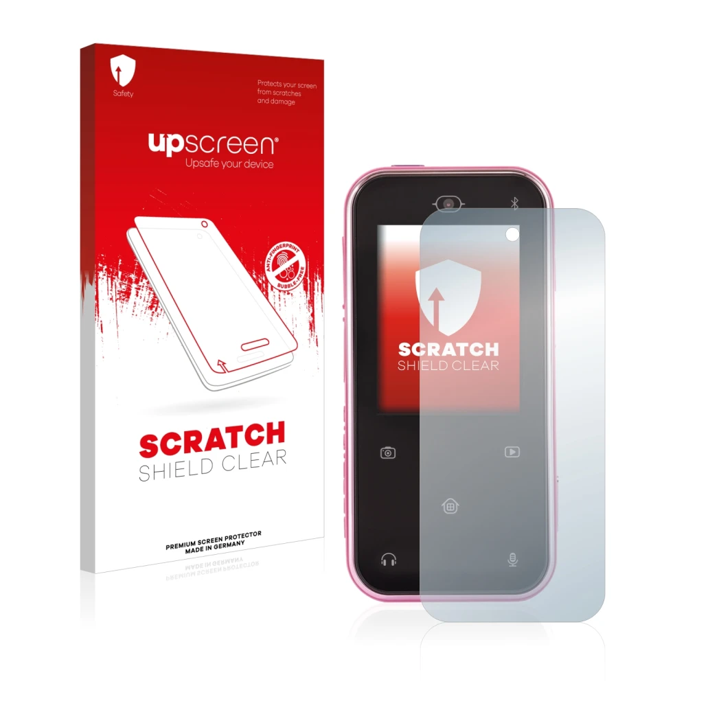 Parte frontale di una confezione del prodotto con il logo del marchio upscreen. Accanto è raffigurato il dispositivo Vtech Kid