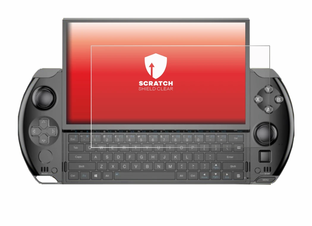 Immagine del dispositivo GPD Win 4 con un'ampia varietà di protezioni per lo schermo.