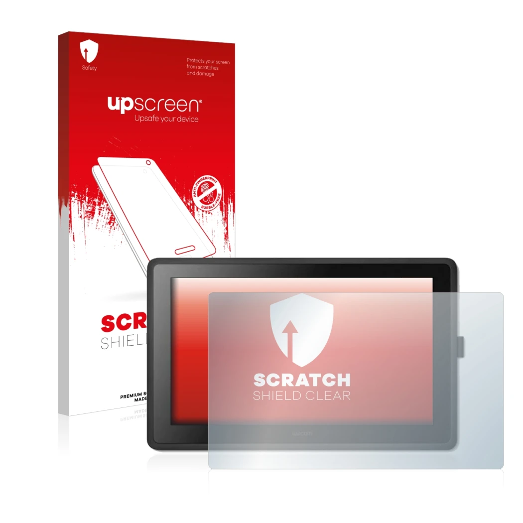 Parte frontale di una confezione del prodotto con il logo del marchio upscreen. Accanto è raffigurato il dispositivo Wacom Cin