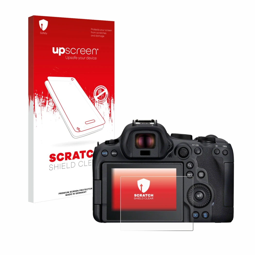 Parte frontale di una confezione del prodotto con il logo del marchio upscreen. Accanto è raffigurato il dispositivo Canon EOS