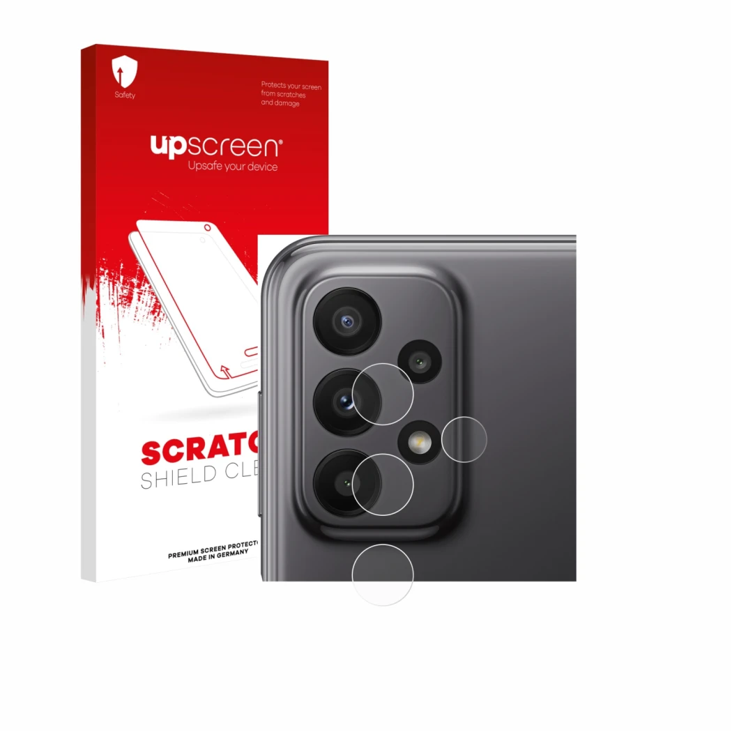 Parte frontale di una confezione del prodotto con il logo del marchio upscreen. Accanto è raffigurato il dispositivo Samsung G